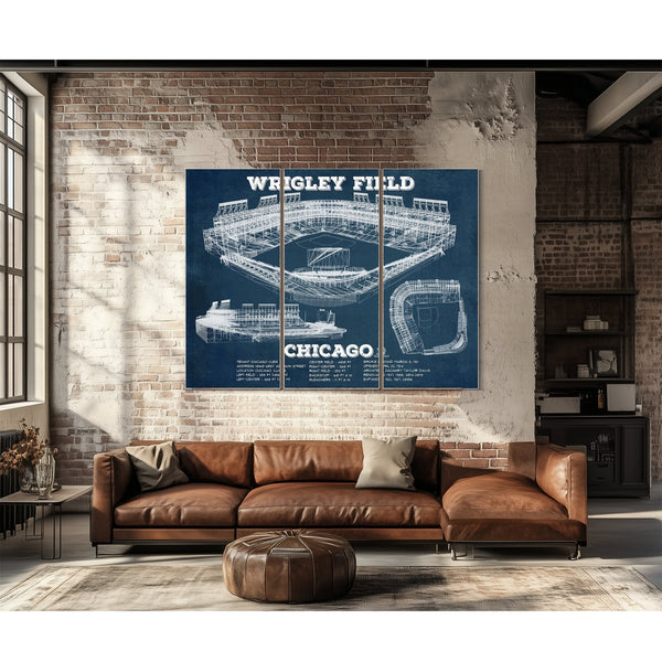 Wrigley Field Art - Chicago Cubs Stadium Print as a 3 panel canvas wrap above a leather sofa