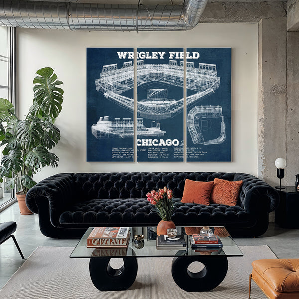 Wrigley Field Art - Chicago Cubs Stadium Print as a 3 panel canvas wrap in a modern living room