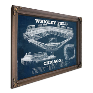 Wrigley Field Art - Chicago Cubs Stadium Print in a Bourbon stained wood frame with antique gold corners