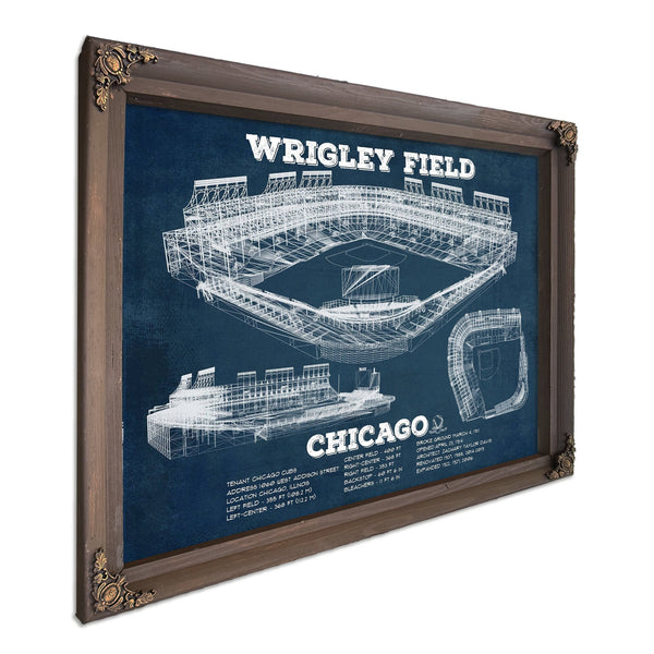 Wrigley Field Art - Chicago Cubs Stadium Print in a Bourbon stained wood frame with antique gold corners