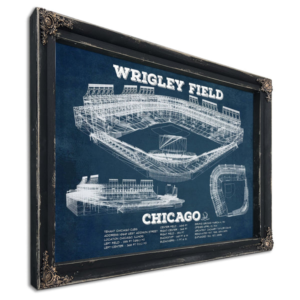 Wrigley Field Art - Chicago Cubs Stadium Print in a distressed Vintage Black wood frame with ornate corners