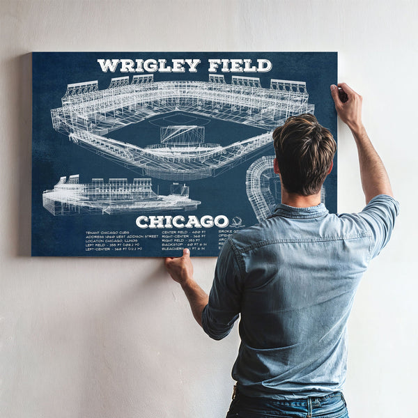 Wrigley Field Art - Chicago Cubs Stadium Print framed in Vintage Black above a mid-century record console