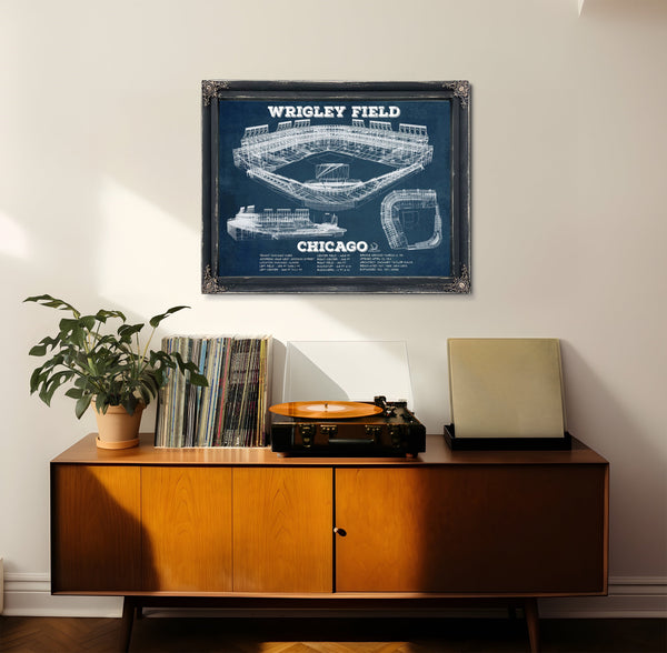 Wrigley Field Art - Chicago Cubs Stadium Print framed in Vintage Black in a loft bedroom