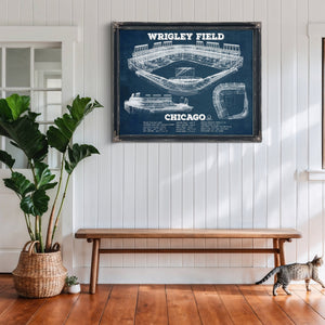 Wrigley Field Art - Chicago Cubs Stadium Print framed in Vintage Black above a rustic console table