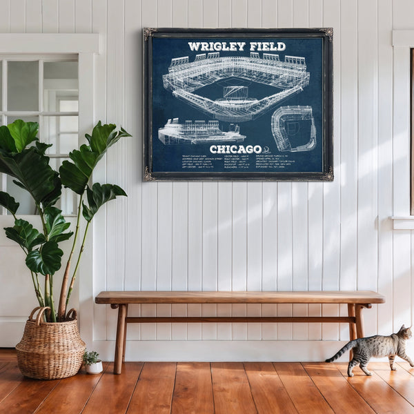Wrigley Field Art - Chicago Cubs Stadium Print framed in Vintage Black above a rustic console table