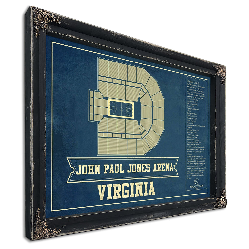 Virginia Cavaliers - John Paul Jones Arena Seating Print in a distressed Vintage Black wood frame with ornate corners