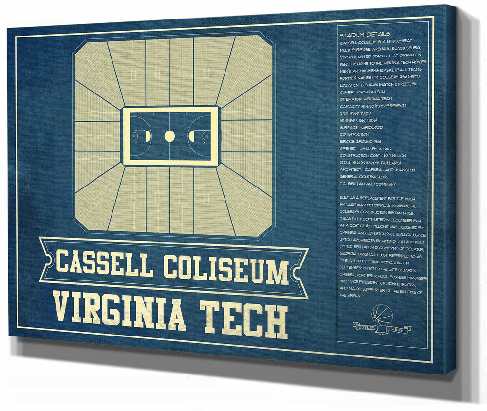 14" x 11" / Stretched Canvas Wrap Cutler West Virginia Tech Hokies - Cassell Coliseum Seating Chart - College Basketball Blueprint Art