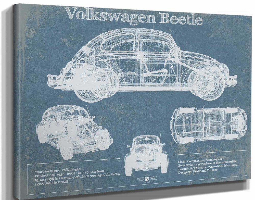 14" x 11" / Stretched Canvas Wrap Cutler West Volkswagen Beetle Blueprint Vintage Auto Print
