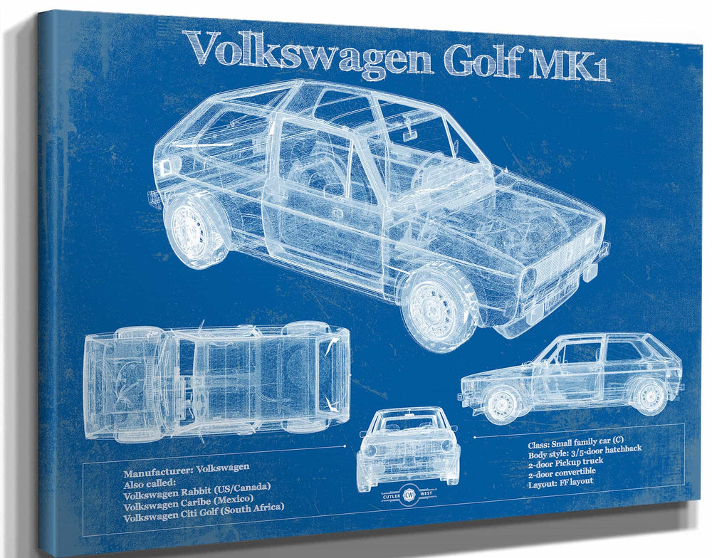14" x 11" / Stretched Canvas Wrap Cutler West Volkswagen Golf MK1 Vintage Blueprint Auto Print