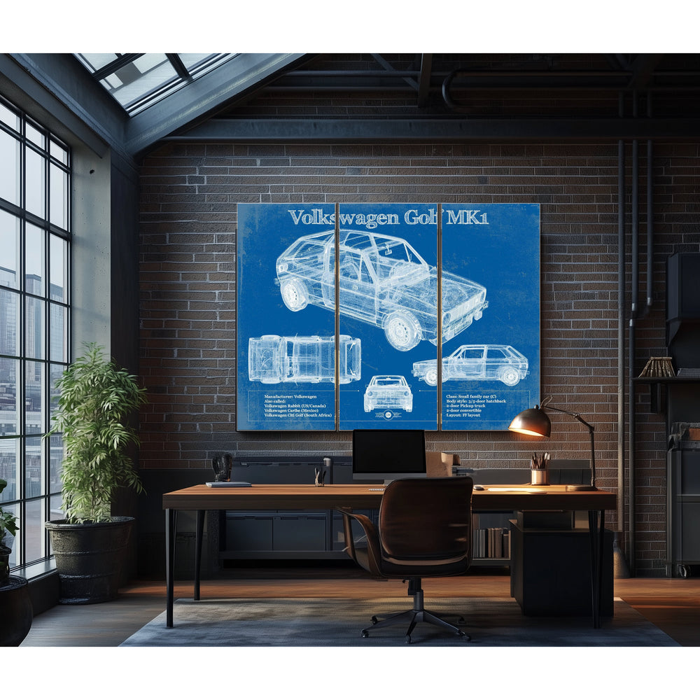 Volkswagen Golf MK1 Blueprint Art Print in a distressed Vintage Black wood frame with ornate corners