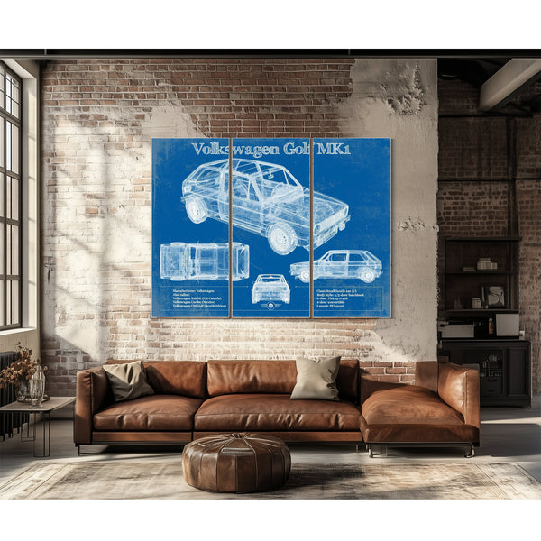 Volkswagen Golf MK1 Blueprint Art Print as a 3 panel canvas wrap above a leather sofa