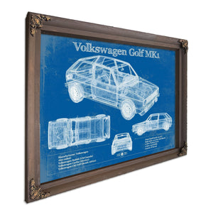 Volkswagen Golf MK1 Blueprint Art Print in a Bourbon stained wood frame with antique gold corners