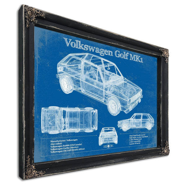 Volkswagen Golf MK1 Blueprint Art Print in a distressed Vintage Black wood frame with ornate corners