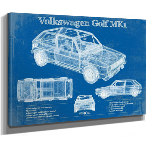 Volkswagen Golf MK1 Blueprint Art Print as a stretched canvas wrap with gallery wrapped edges