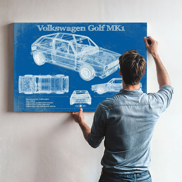 Volkswagen Golf MK1 Blueprint Art Print framed in Vintage Black above a mid-century record console