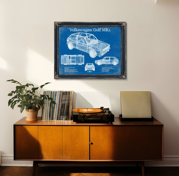 Volkswagen Golf MK1 Blueprint Art Print framed in Vintage Black in a loft bedroom