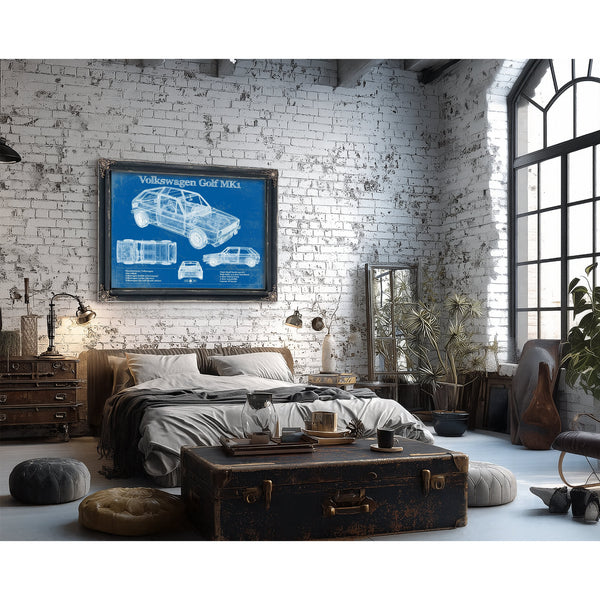 Volkswagen Golf MK1 Blueprint Art Print framed in Vintage Black in a farmhouse entryway