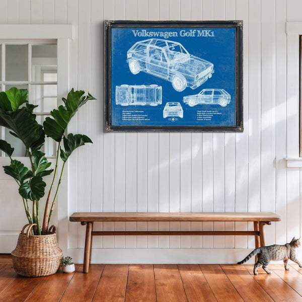 Volkswagen Golf MK1 Blueprint Art Print framed in Vintage Black above a rustic console table
