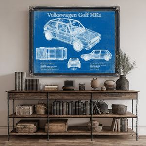 Volkswagen Golf MK1 Blueprint Art Print canvas print size guide 24x18 36x24 48x36 inches