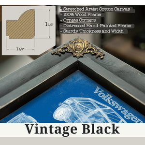 Vintage Black frame corner detail, 1.5 inch ornate wood moulding, Volkswagen Golf MK1 Blueprint Art Print