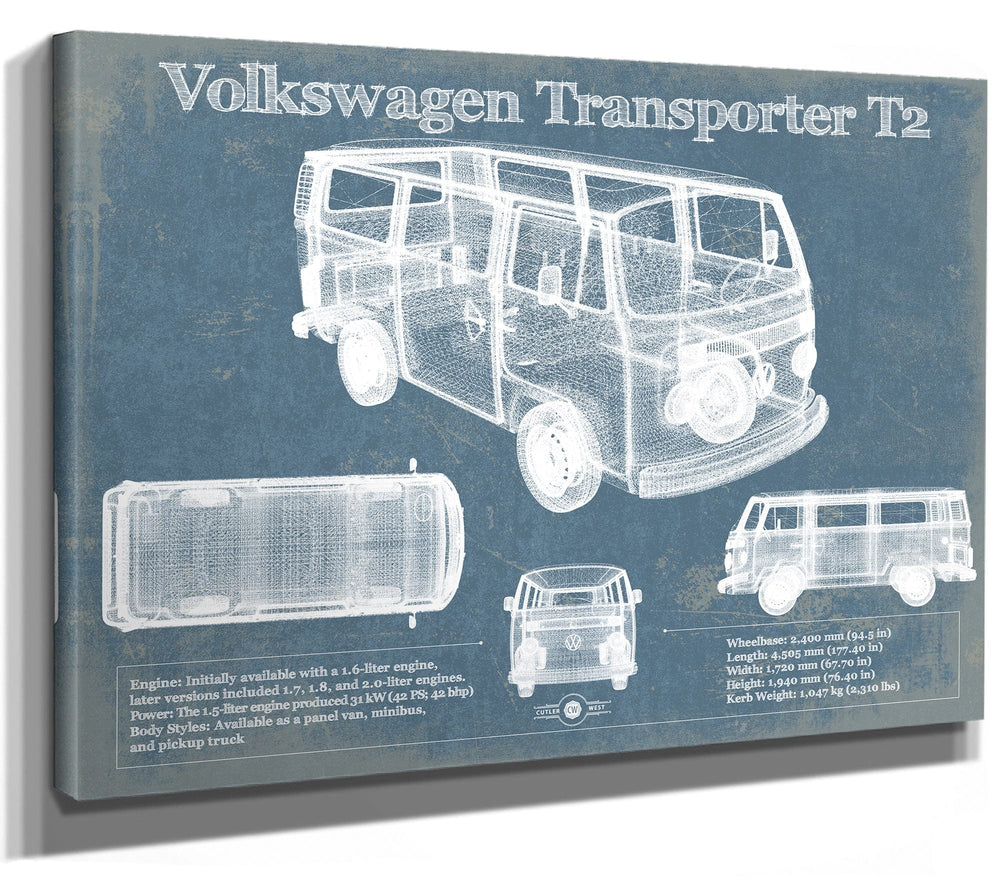 14" x 11" / Stretched Canvas Wrap Cutler West Volkswagen Transporter T2 Vintage Blueprint Auto Print