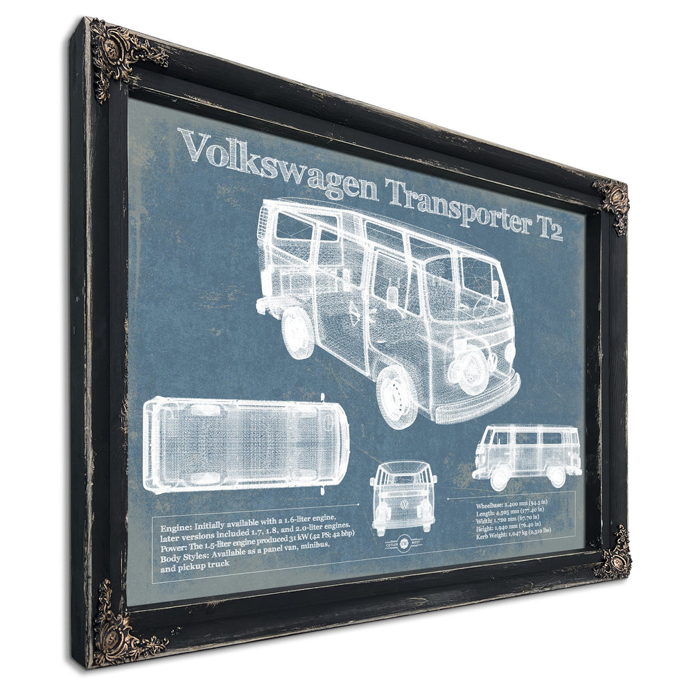 1950 Volkswagen Transporter T1 Print in a distressed Vintage Black wood frame with ornate corners