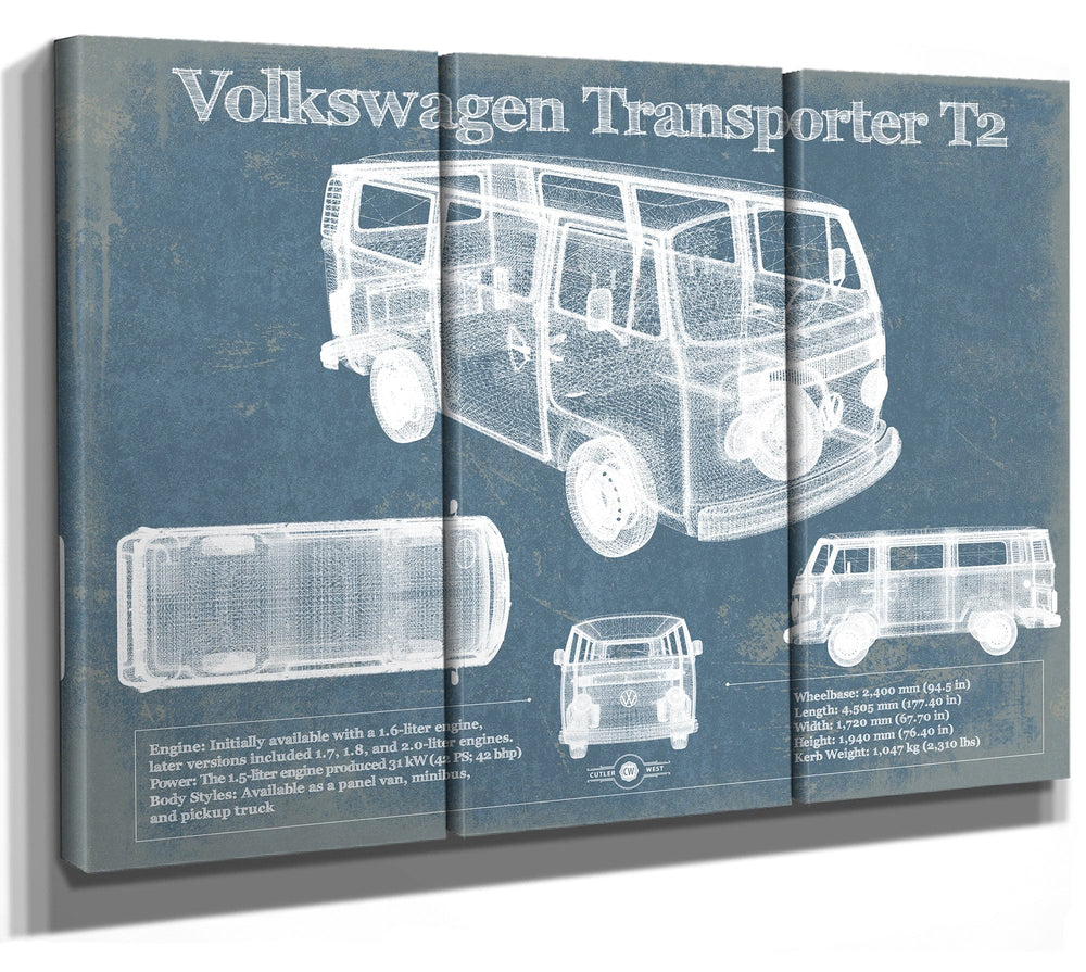 14" x 11" / Stretched Canvas Wrap Cutler West Volkswagen Transporter T2 Vintage Blueprint Auto Print