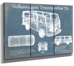36" x 24" / 3 Panel Canvas Wrap Cutler West Volkswagen Transporter T2 Vintage Blueprint Auto Print