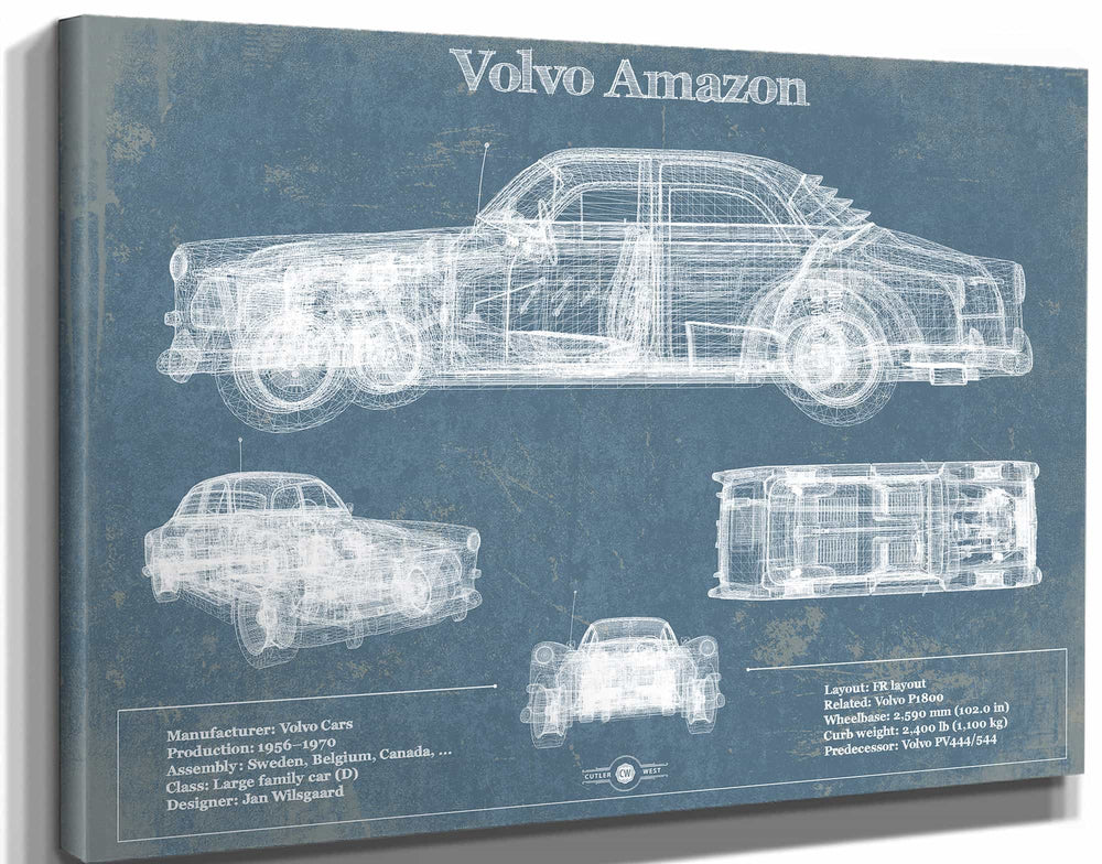 14" x 11" / Stretched Canvas Wrap Cutler West Volvo Amazon Vintage Blueprint Auto Print