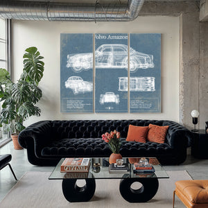 Volvo Amazon Blueprint Art Print as a 3 panel canvas wrap in a modern living room