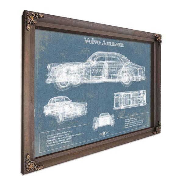 Volvo Amazon Blueprint Art Print in a Bourbon stained wood frame with antique gold corners