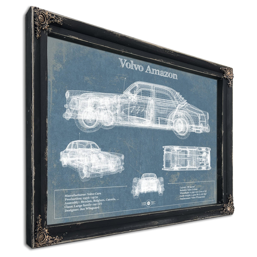 Volvo Amazon Blueprint Art Print in a distressed Vintage Black wood frame with ornate corners