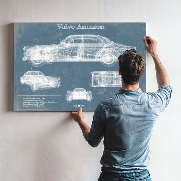 Volvo Amazon Blueprint Art Print framed in Vintage Black above a mid-century record console