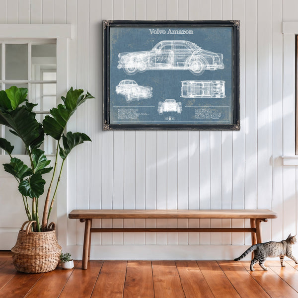 Volvo Amazon Blueprint Art Print framed in Vintage Black above a rustic console table