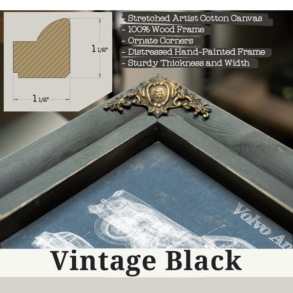 Vintage Black frame corner detail, 1.5 inch ornate wood moulding, Volvo Amazon Blueprint Art Print