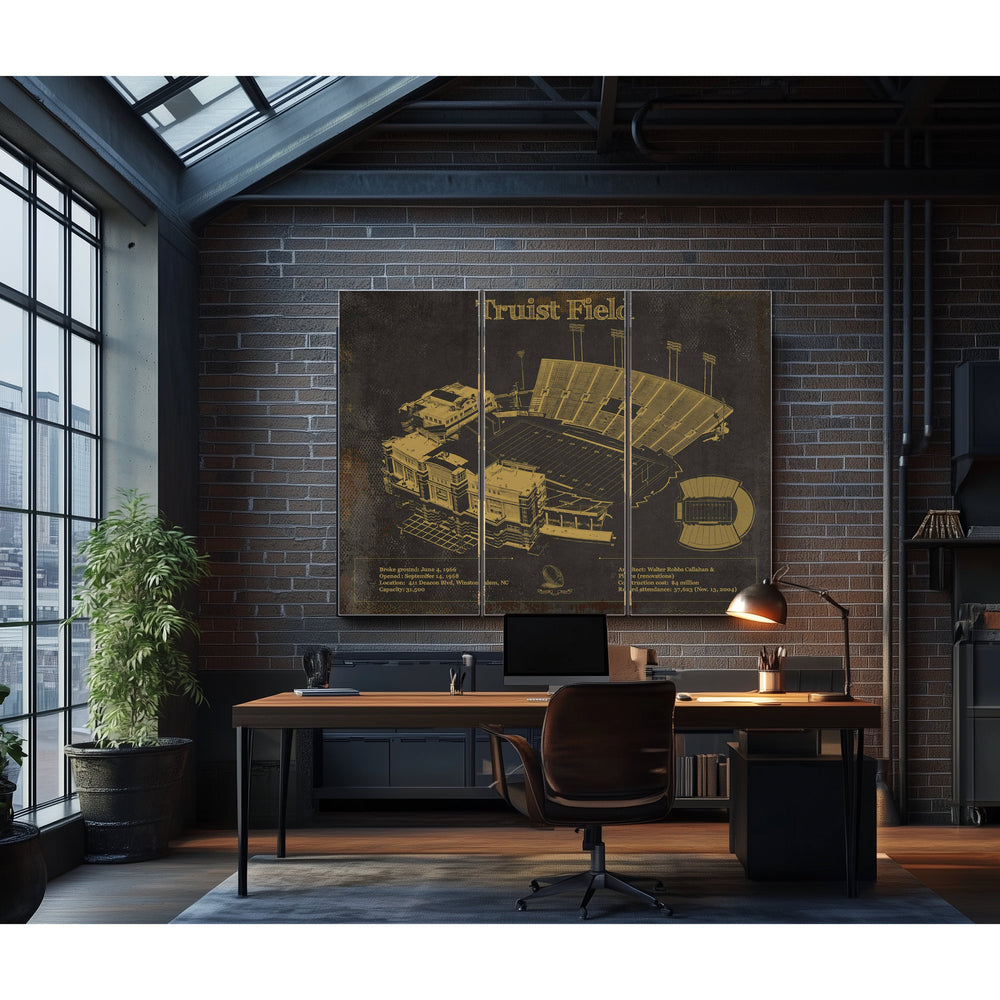 Wake Forest Football Art - Truist Field Stadium Print in a distressed Vintage Black wood frame with ornate corners