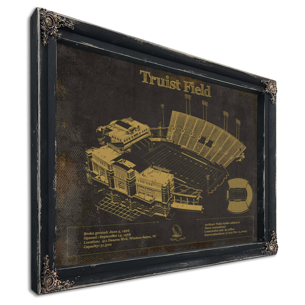 Wake Forest Football Art - Truist Field Stadium Print in a distressed Vintage Black wood frame with ornate corners