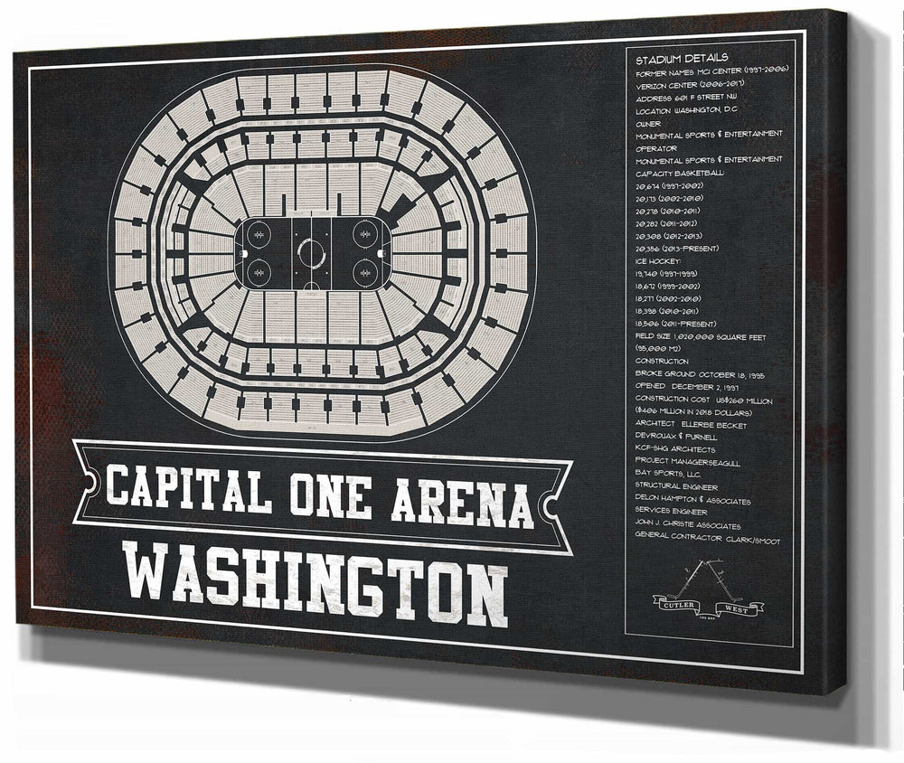 14" x 11" / Stretched Canvas Wrap Cutler West Washington Capitals Team color - Capital One Arena Seating Chart Vintage Art Print