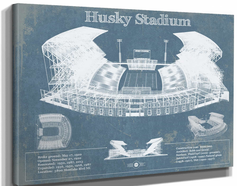 14" x 11" / Stretched Canvas Wrap Cutler West Washington Huskies Art Blue Version - Husky Stadium Vintage Stadium Blueprint Art Print