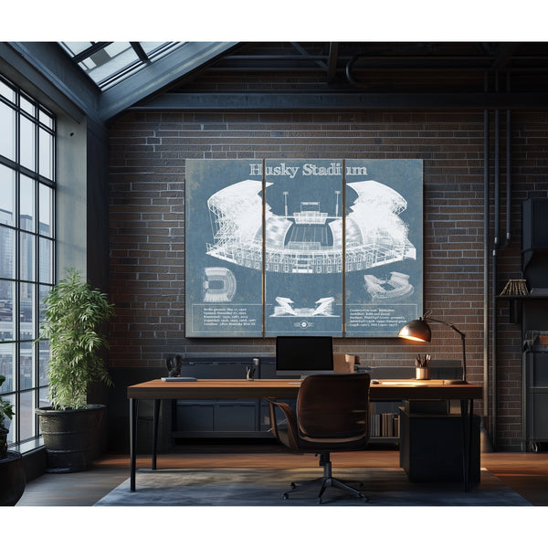 Washington Huskies Art Blue Version - Husky Stadium Print as a 3 panel canvas wrap in an industrial loft office