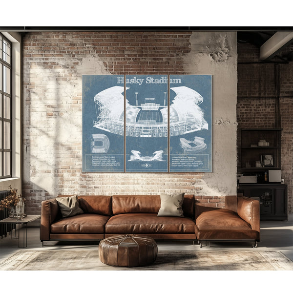 Washington Huskies Art Blue Version - Husky Stadium Print as a 3 panel canvas wrap above a leather sofa