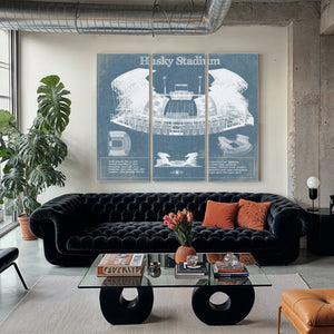 Washington Huskies Art Blue Version - Husky Stadium Print as a 3 panel canvas wrap in a modern living room
