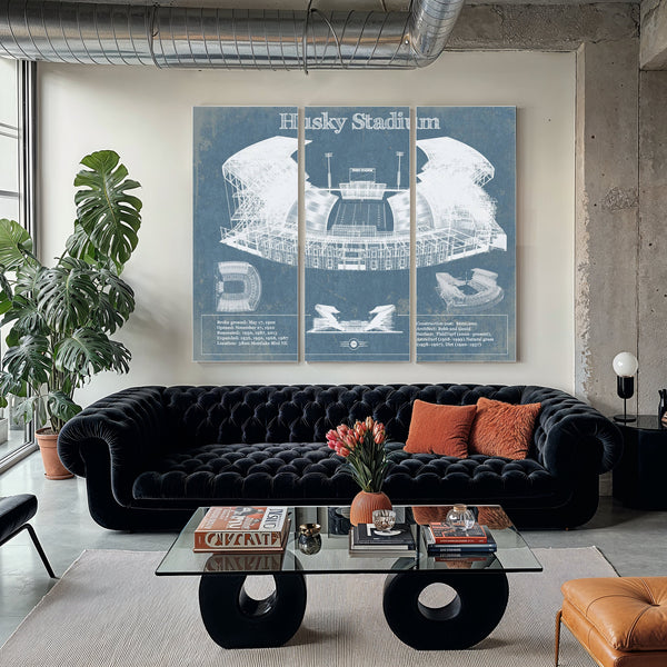 Washington Huskies Art Blue Version - Husky Stadium Print as a 3 panel canvas wrap in a modern living room