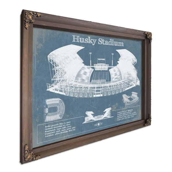 Washington Huskies Art Blue Version - Husky Stadium Print in a Bourbon stained wood frame with antique gold corners