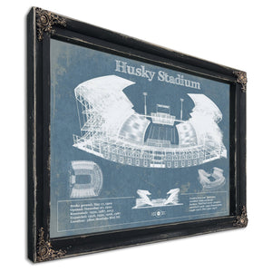 Washington Huskies Art Blue Version - Husky Stadium Print in a distressed Vintage Black wood frame with ornate corners