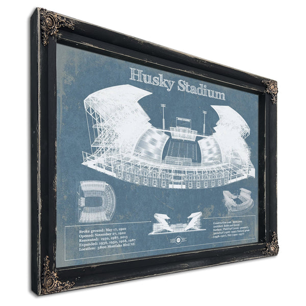 Washington Huskies Art Blue Version - Husky Stadium Print in a distressed Vintage Black wood frame with ornate corners