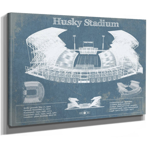 Washington Huskies Art Blue Version - Husky Stadium Print as a stretched canvas wrap with gallery wrapped edges