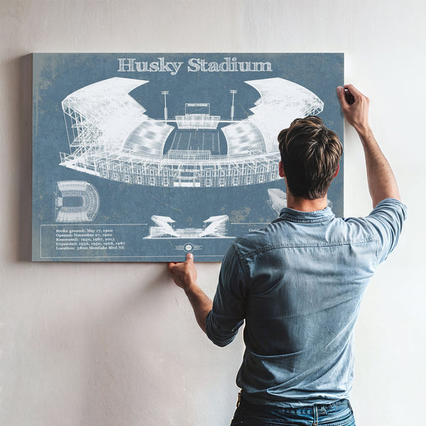 Washington Huskies Art Blue Version - Husky Stadium Print framed in Vintage Black above a mid-century record console