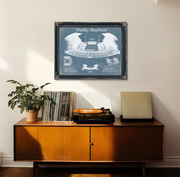 Washington Huskies Art Blue Version - Husky Stadium Print framed in Vintage Black in a loft bedroom
