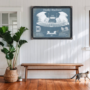 Washington Huskies Art Blue Version - Husky Stadium Print framed in Vintage Black above a rustic console table